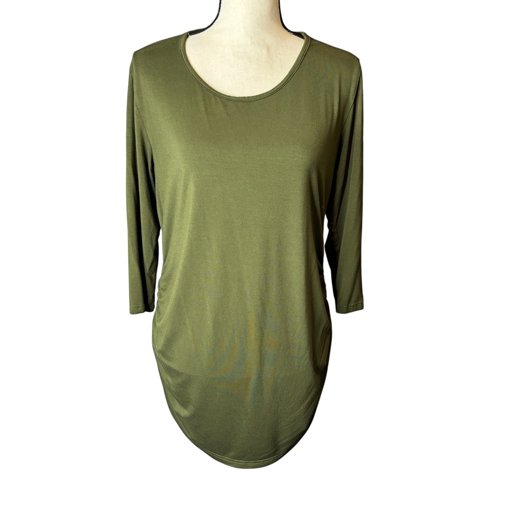 Smallshow Olive‎ Green Tunic Top XL 3/4 Sleeve Ruched Casual Comfy